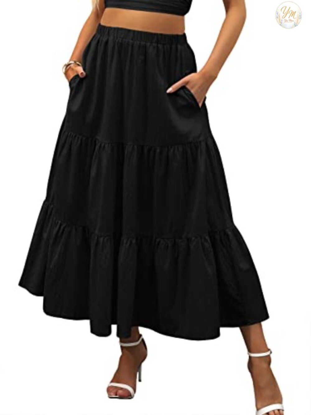 Women's Flowy Maxi Skirt with Pockets A-Line Tiered Ruffle Hem Summer Beach